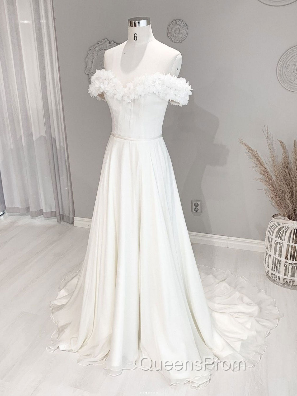 White Off Shoulder Chiffon Long Evening Prom Dress, White Evening Dress Secondary image