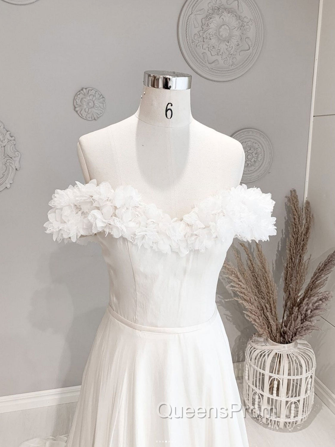 White Off Shoulder Chiffon Long Evening Prom Dress, White Evening Dress