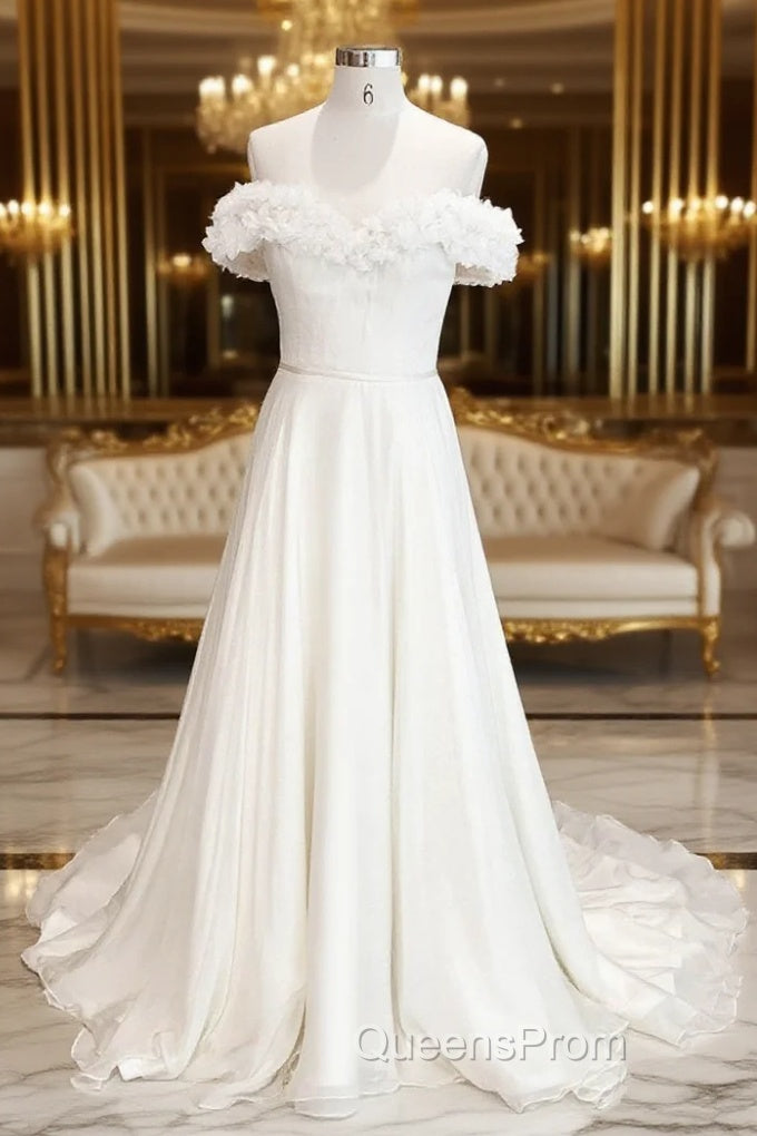 White Off Shoulder Chiffon Long Evening Prom Dress, White Evening Dress Main image