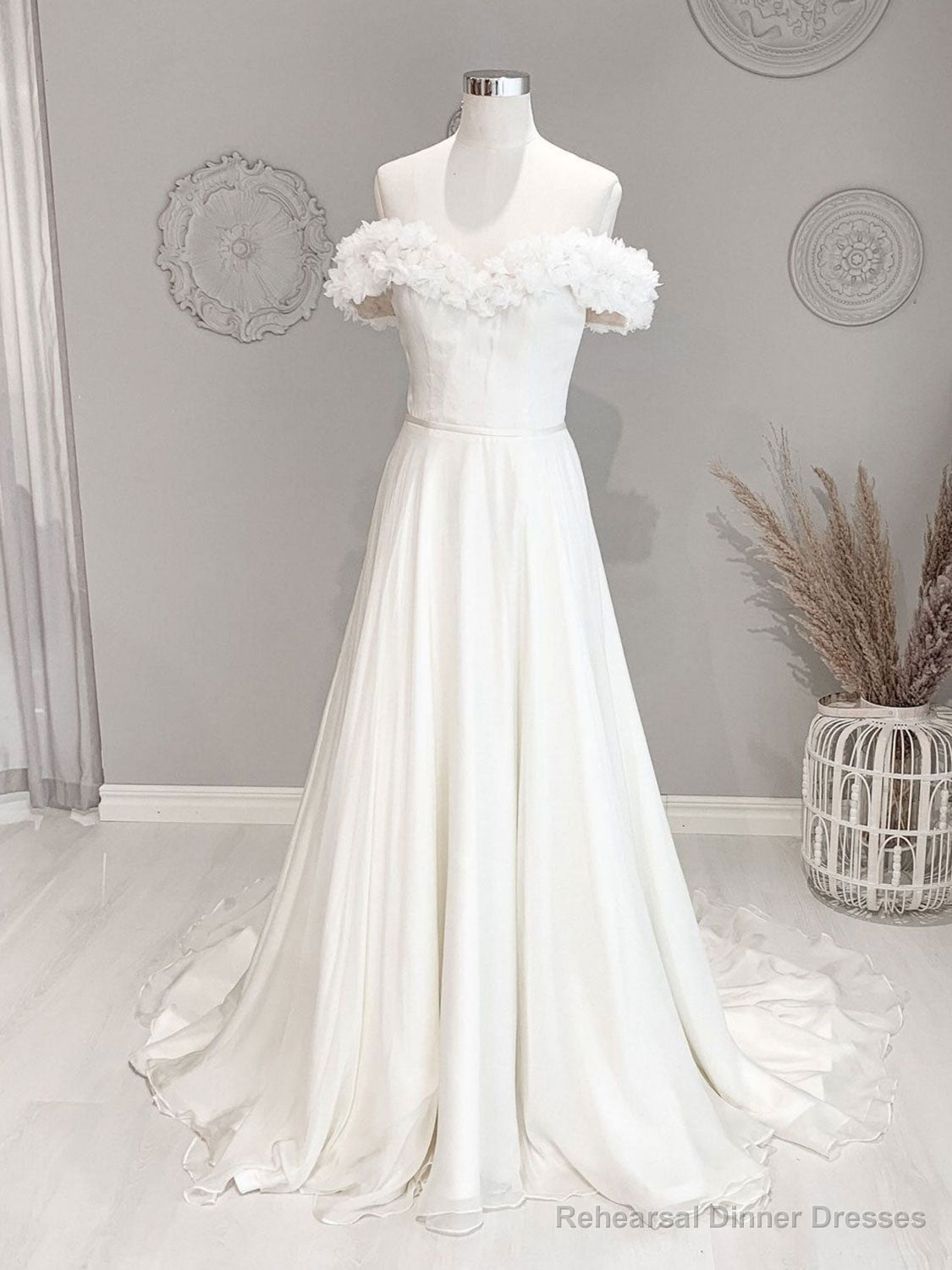 White Off Shoulder Flowers Long Wedding Dress, White Beach Wedding Dress Main image