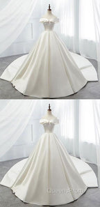 White Off Shoulder Satin Long Evening Prom Dress, White Evening Dress, White Wedding Dress, White Formal Dress