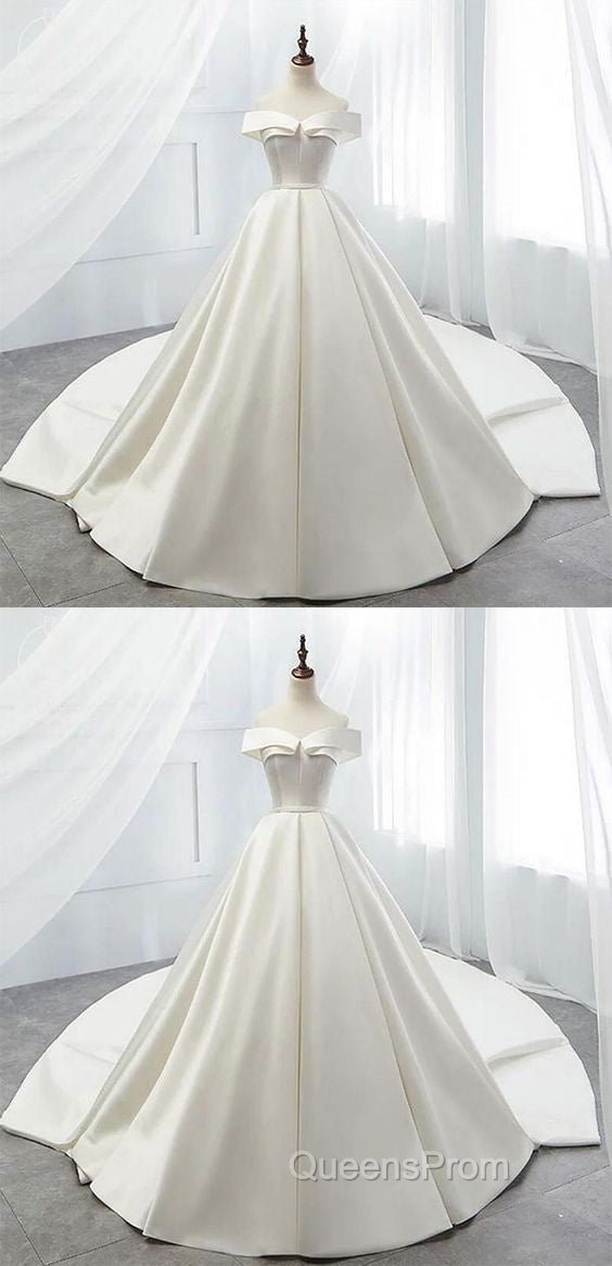 White Off Shoulder Satin Long Evening Prom Dress, White Evening Dress, White Wedding Dress, White Formal Dress