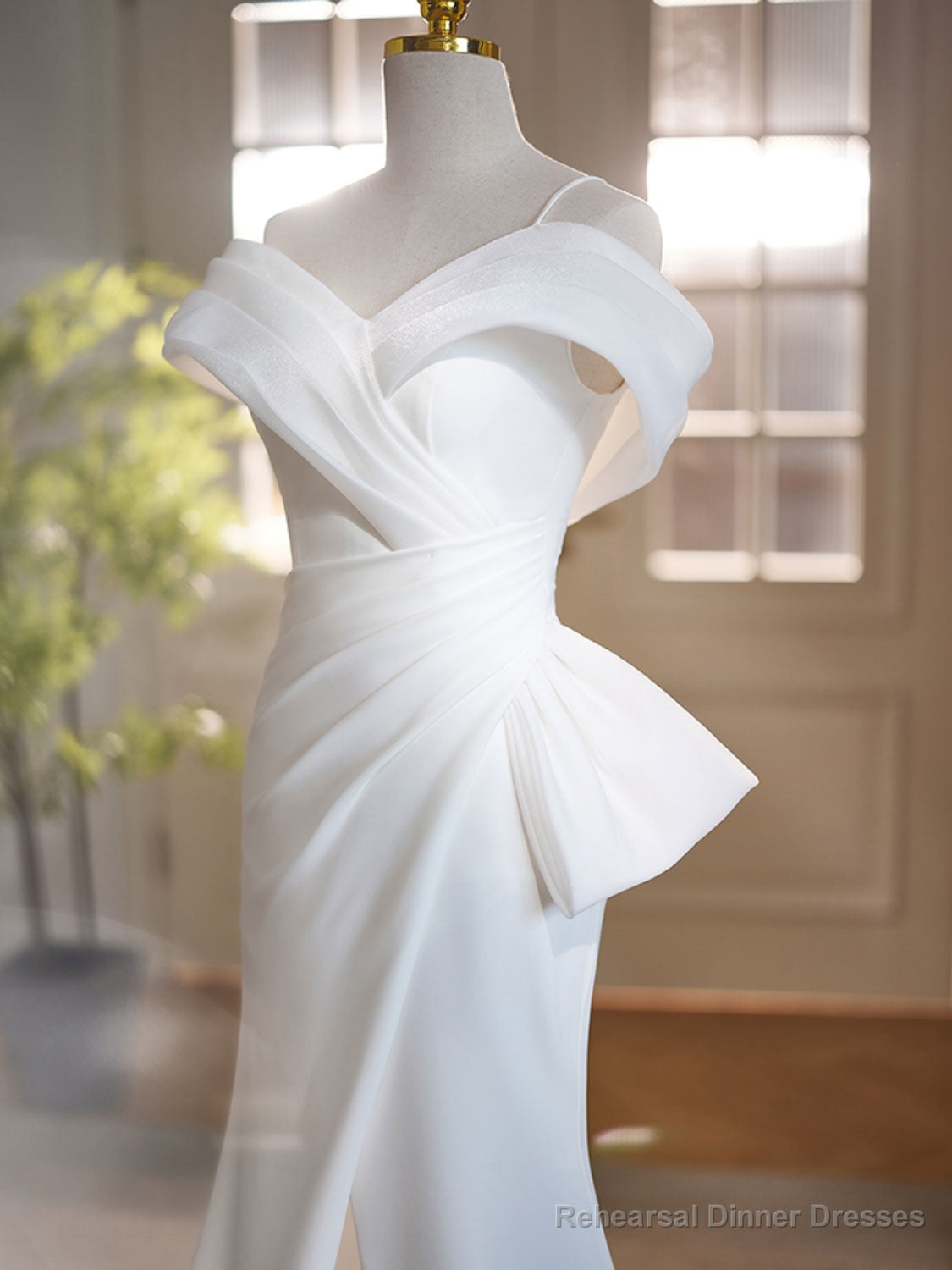 White Off Shoulder Satin Long Prom Dress, White Formal Dress Secondary image