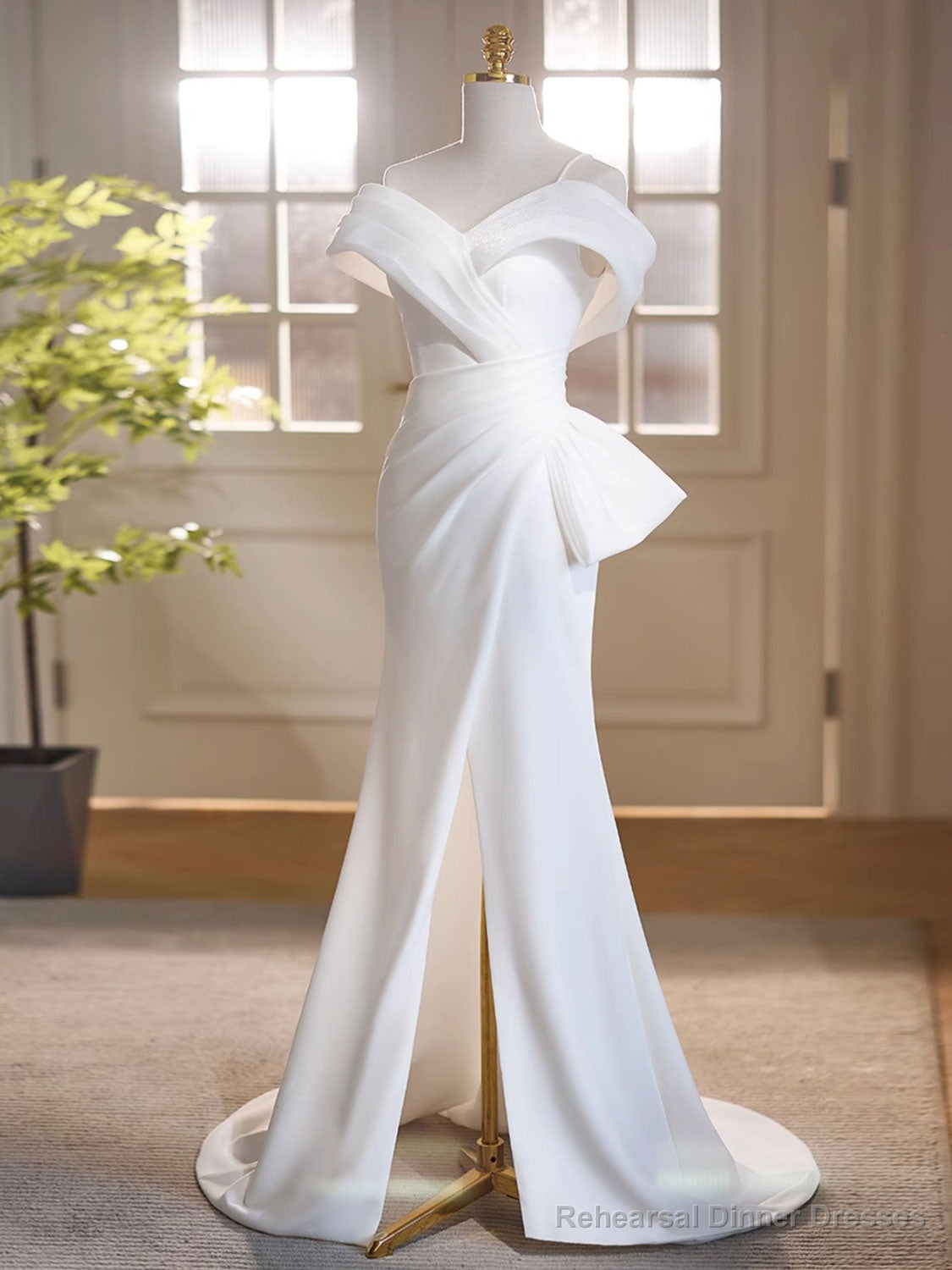 White Off Shoulder Satin Long Prom Dress, White Formal Dress Main image
