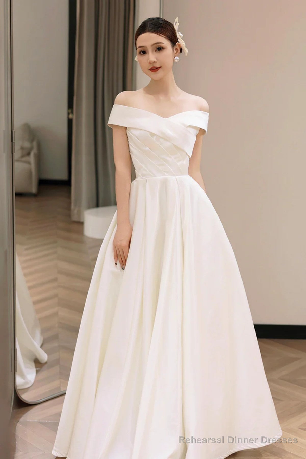 White Off Shoulder Simple Satin Wedding Party Dress, White Long Prom Dress Secondary image