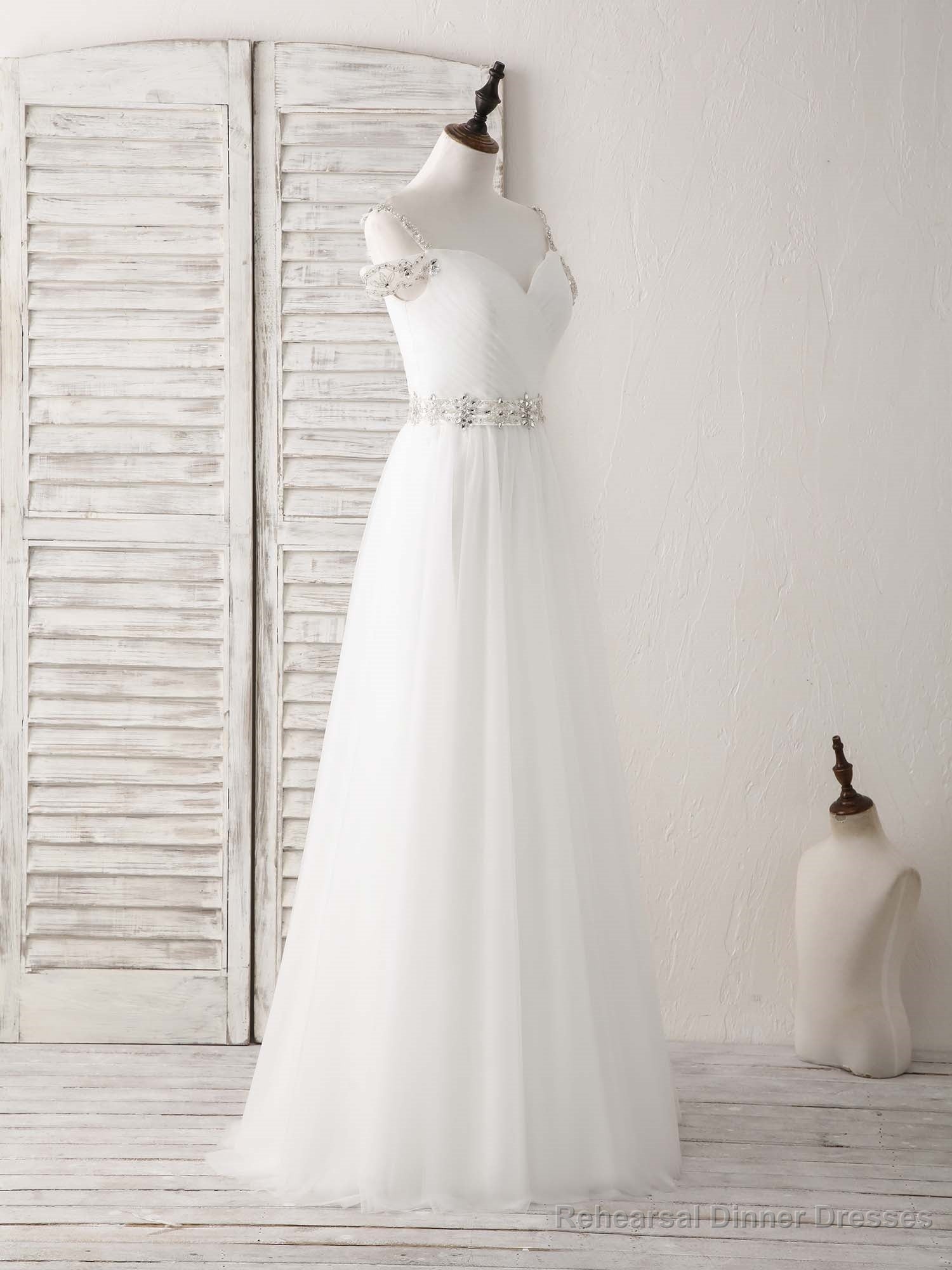 White Off Shoulder Tulle Beads Long Prom Dress White Evening Dress Main image