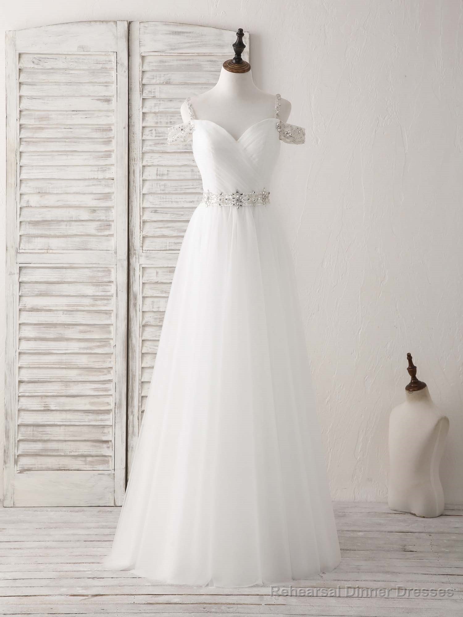 White Off Shoulder Tulle Beads Long Prom Dress White Evening Dress Secondary image