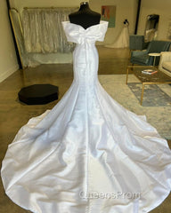 White Off-The-Shoulder Bow Trumpet Long Wedding Dress Pure Color