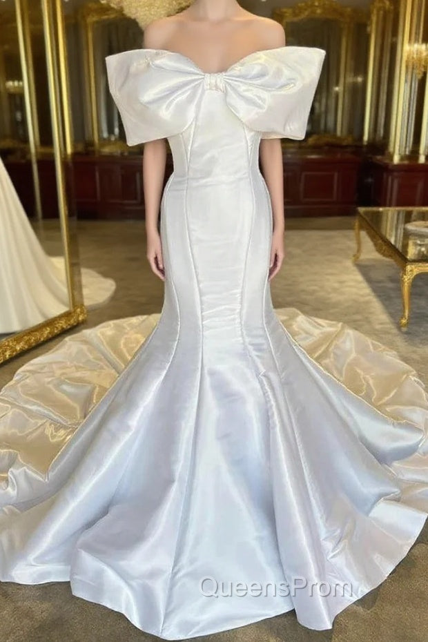 White Off-The-Shoulder Bow Trumpet Long Wedding Dress Pure Color Main image
