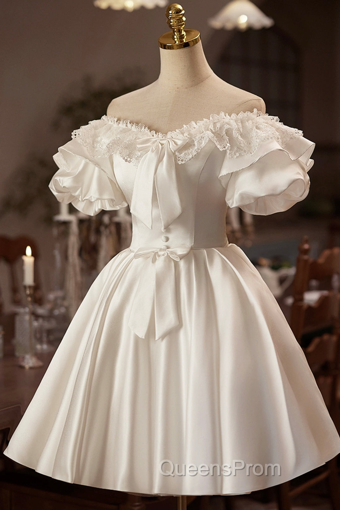 White Off The Shoulder Lace Short Evening Prom Dress, A-Line Satin Knee Length Party Dress Secondary image