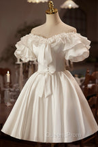 White Off The Shoulder Lace Short Evening Prom Dress, A-Line Satin Knee Length Party Dress