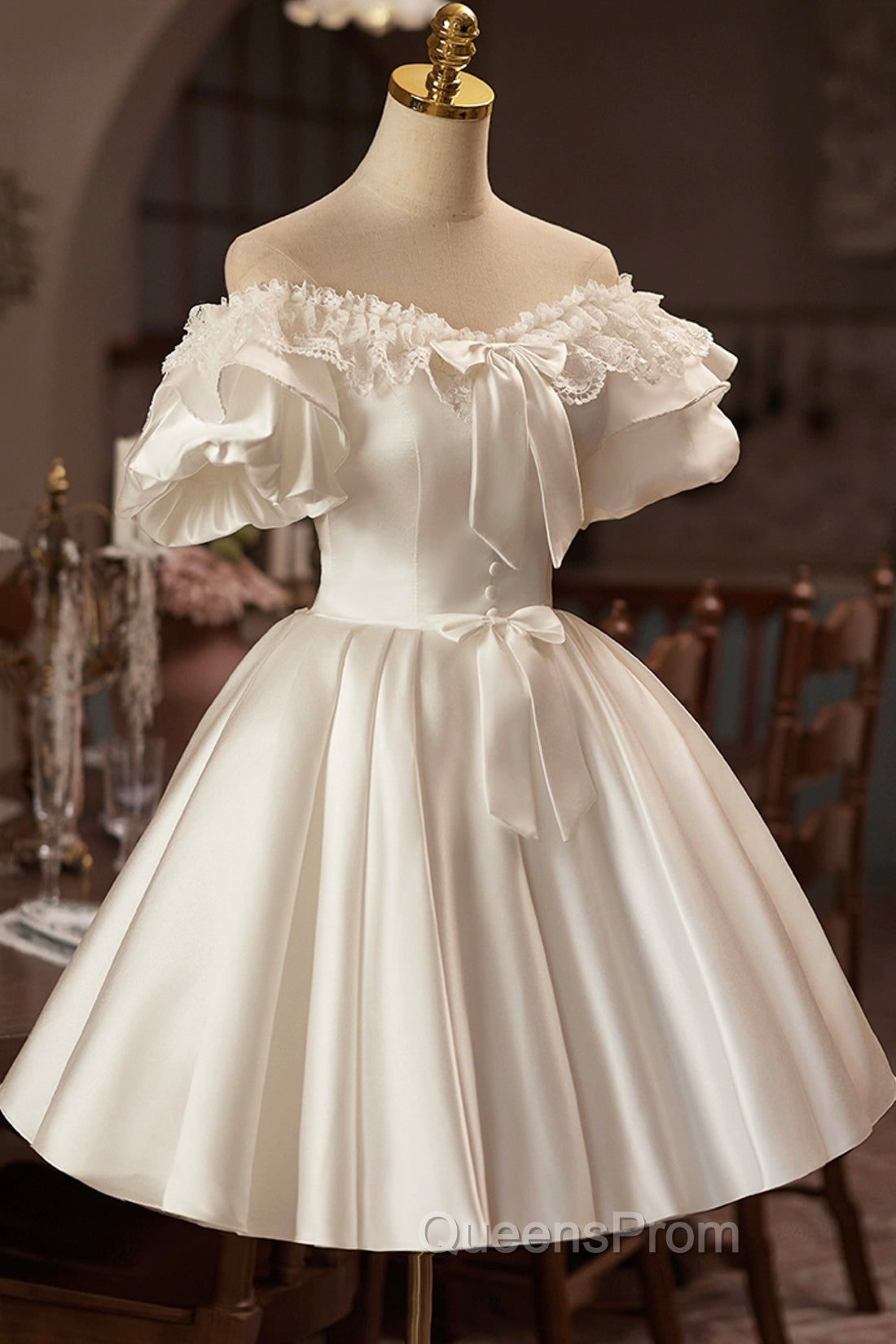 White Off The Shoulder Lace Short Evening Prom Dress, A-Line Satin Knee Length Party Dress