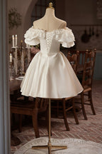 White Off The Shoulder Lace Short Evening Prom Dress, A-Line Satin Knee Length Party Dress