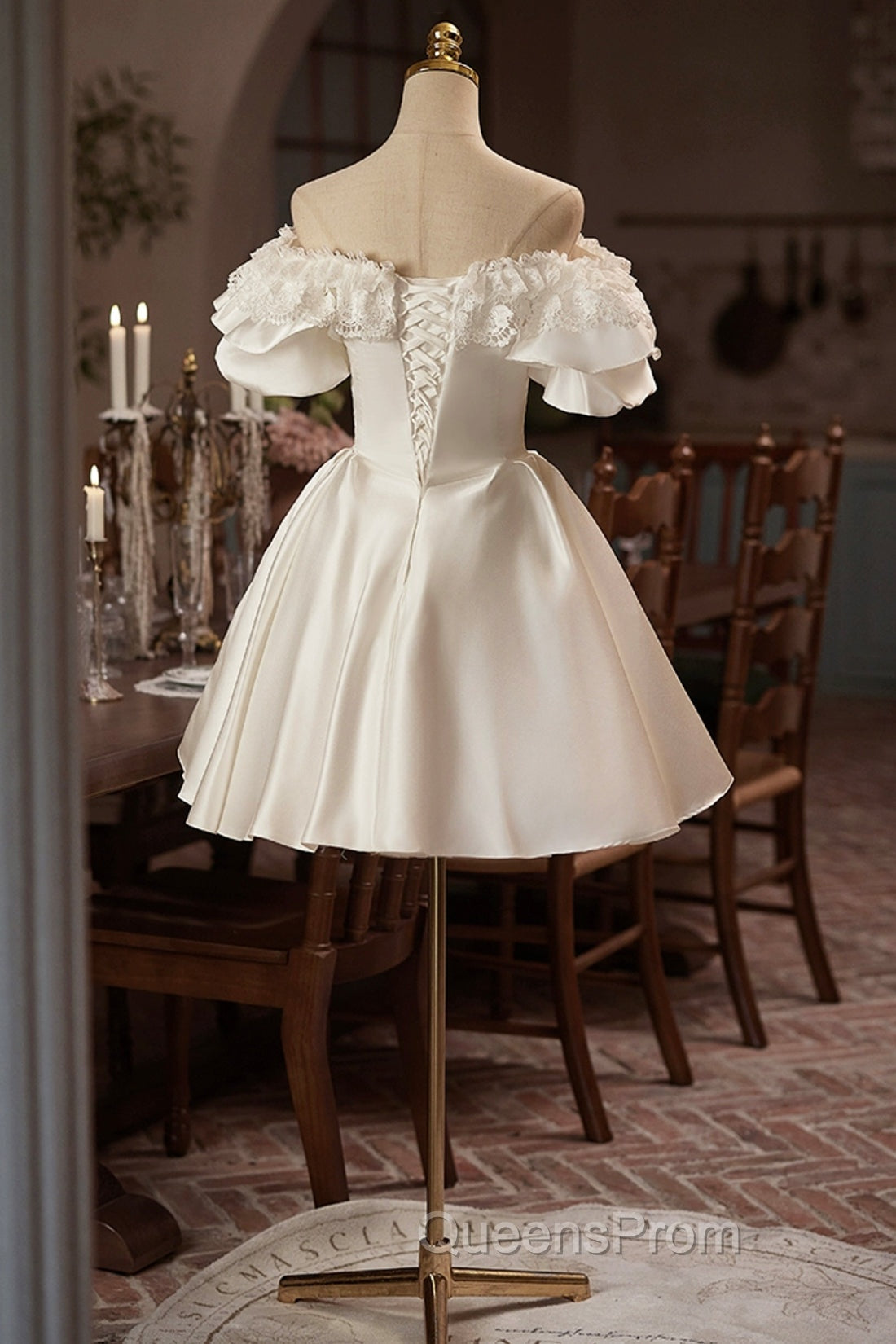 White Off The Shoulder Lace Short Evening Prom Dress, A-Line Satin Knee Length Party Dress