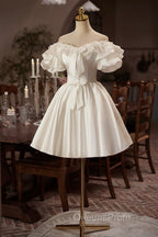 White Off The Shoulder Lace Short Evening Prom Dress, A-Line Satin Knee Length Party Dress
