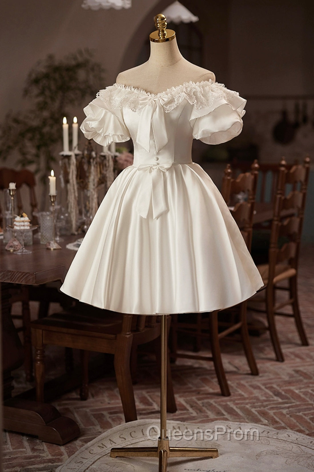 White Off The Shoulder Lace Short Evening Prom Dress, A-Line Satin Knee Length Party Dress