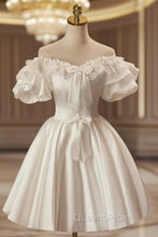 White Off The Shoulder Lace Short Evening Prom Dress, A-Line Satin Knee Length Party Dress