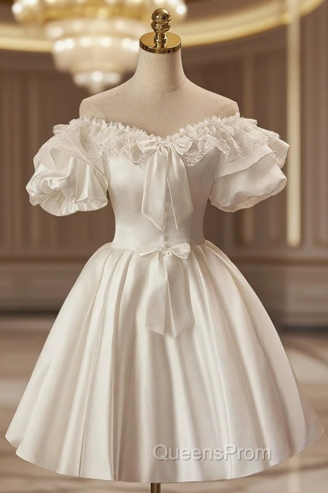 White Off The Shoulder Lace Short Evening Prom Dress, A-Line Satin Knee Length Party Dress