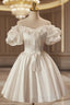 White Off The Shoulder Lace Short Evening Prom Dress, A-Line Satin Knee Length Party Dress