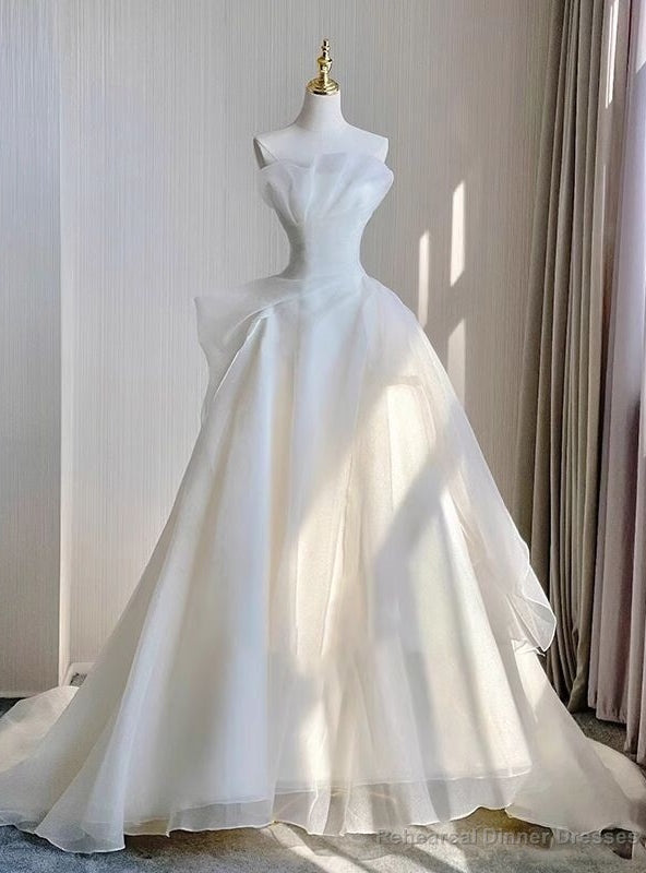White Organza Strapless Pleats Sleeveless Wedding Dress Main image