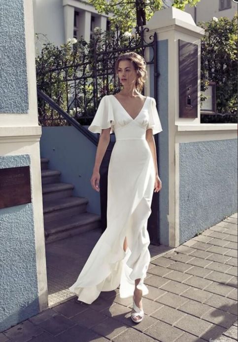 White Party Dress Half Sleeve Classy Evening Dress V Neck Classy Prom Dress