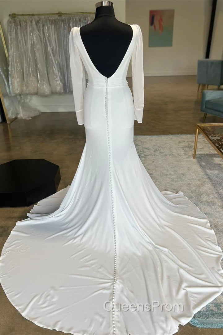White Plunge V Open Back Long Wedding Dress With Long Sleeves Sexy