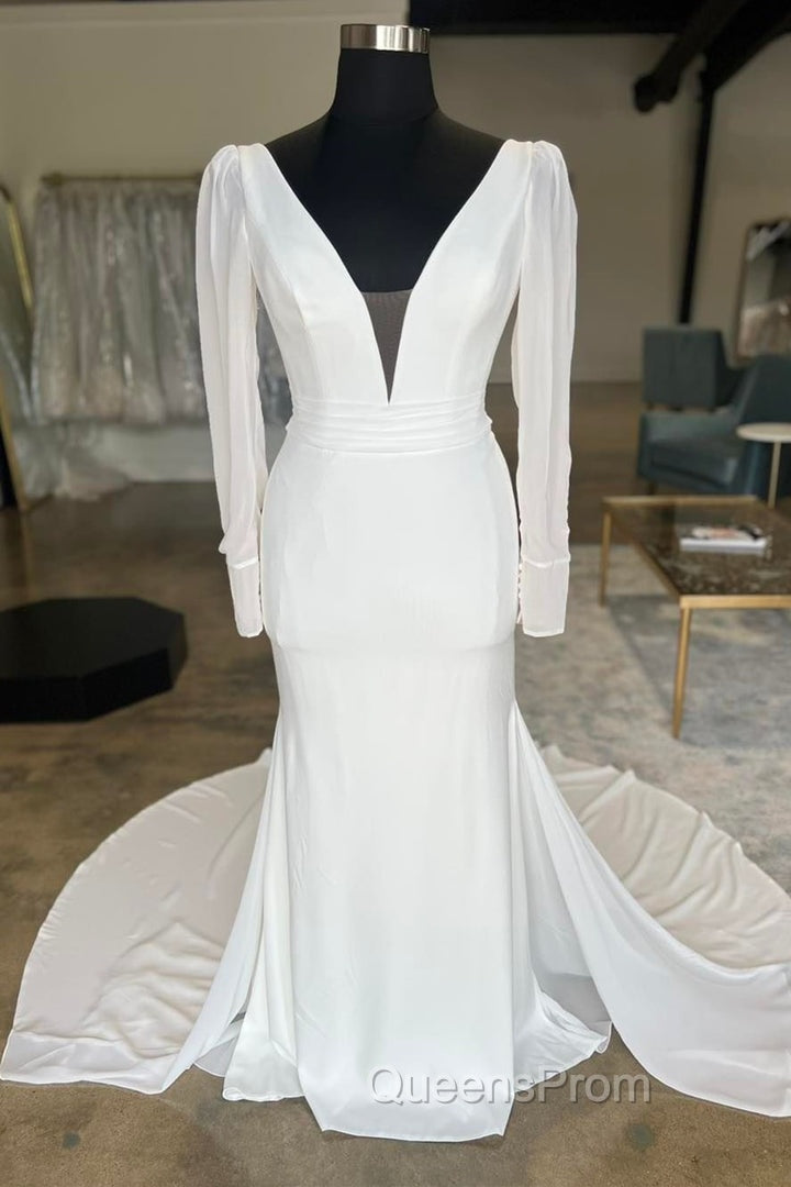 White Plunge V Open Back Long Wedding Dress With Long Sleeves Sexy