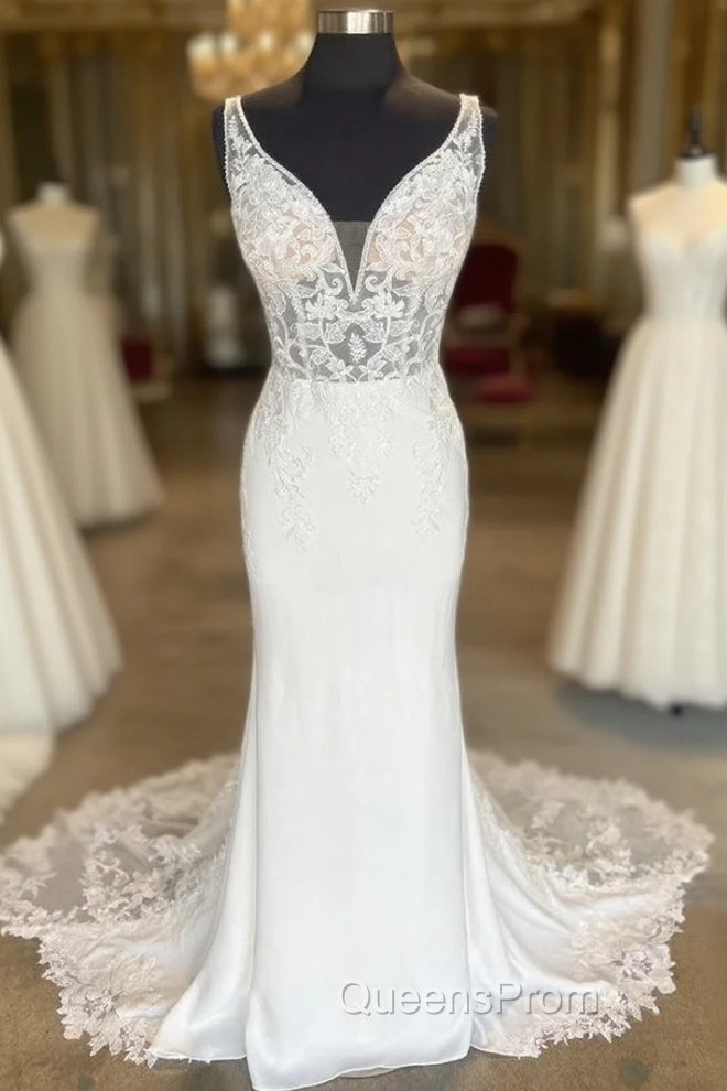 White Plunge V Strapless Lace Mermaid Long Bridal Gown Wedding Dress Main image