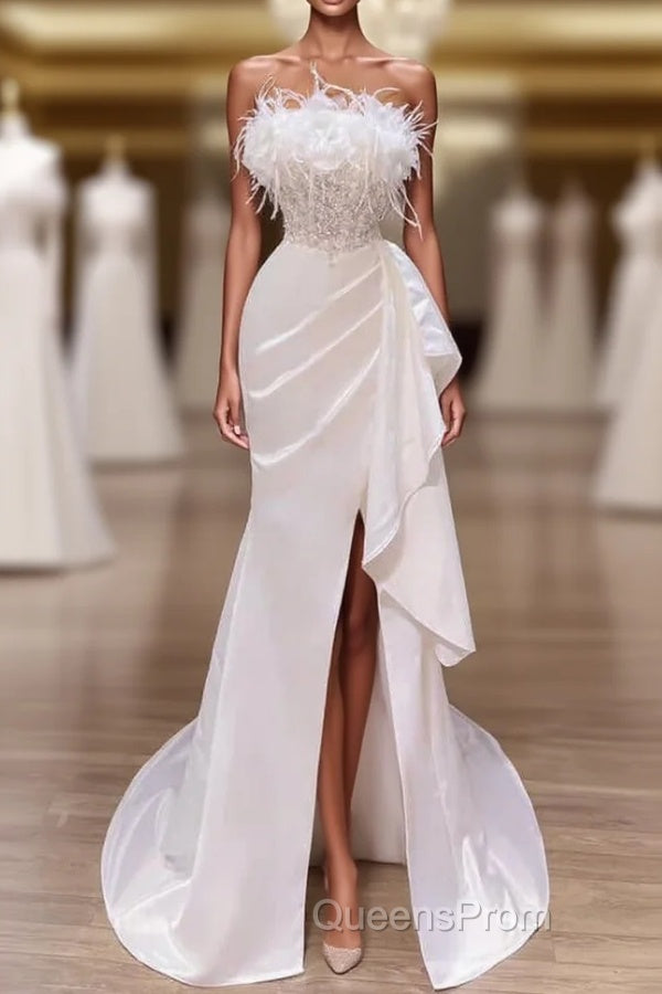 White Evening Prom Dress, Vintage Mermaid Long Slit White Wedding Dress Main image