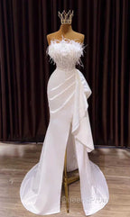 White Evening Prom Dress, Vintage Mermaid Long Slit White Wedding Dress