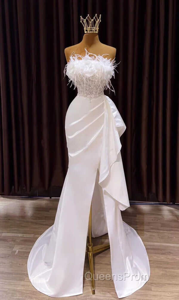 White Evening Prom Dress, Vintage Mermaid Long Slit White Wedding Dress