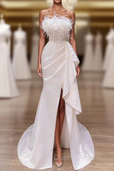 White Evening Prom Dress, Vintage Mermaid Long Slit White Wedding Dress