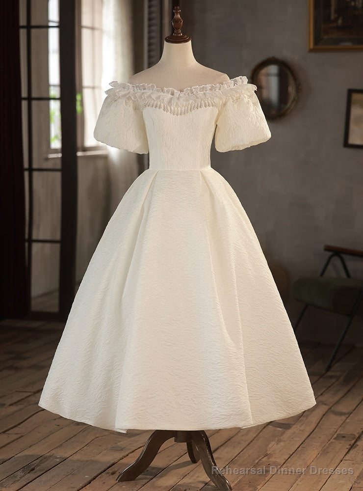 White Puff Sleeve Off the Shoulder Beading Wedding Dress Main image