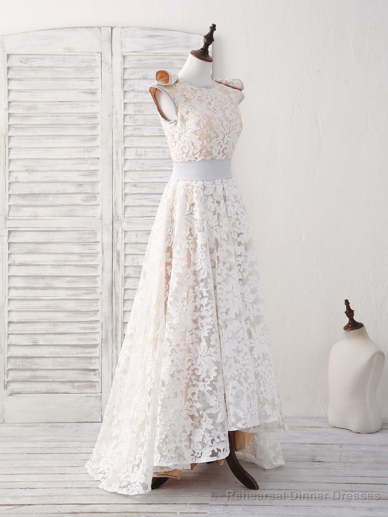 White Round Neck Lace High Low Prom Dress White Bridesmaid Dress Main image