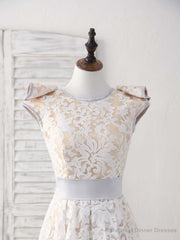 White Round Neck Lace High Low Prom Dress White Bridesmaid Dress