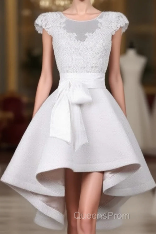 White Round Neck Lace Short Evening Prom Dress, Lace Dress Main image