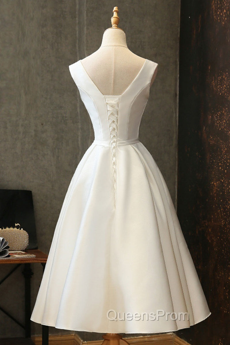 White Round Neck Satin Short Evening Prom Dress White Homecoming Dress