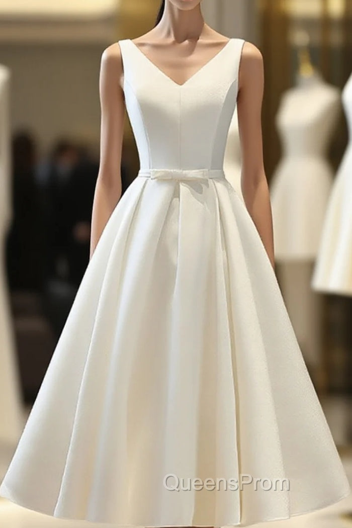 White Round Neck Satin Short Evening Prom Dress White Homecoming Dress Main image