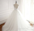 White Round Neck Tulle Lace Applique Long Wedding Dress, White Evening Dress