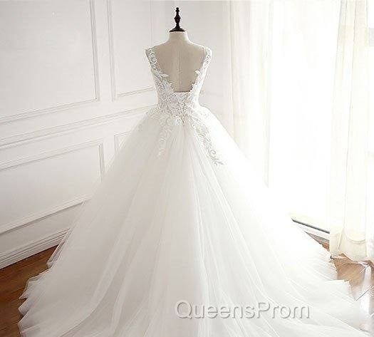 White Round Neck Tulle Lace Applique Long Wedding Dress, White Evening Dress