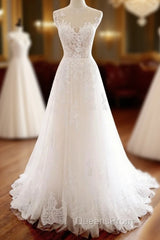 White Round Neck Tulle Lace Long Evening Prom Dress White Tulle Wedding Dress