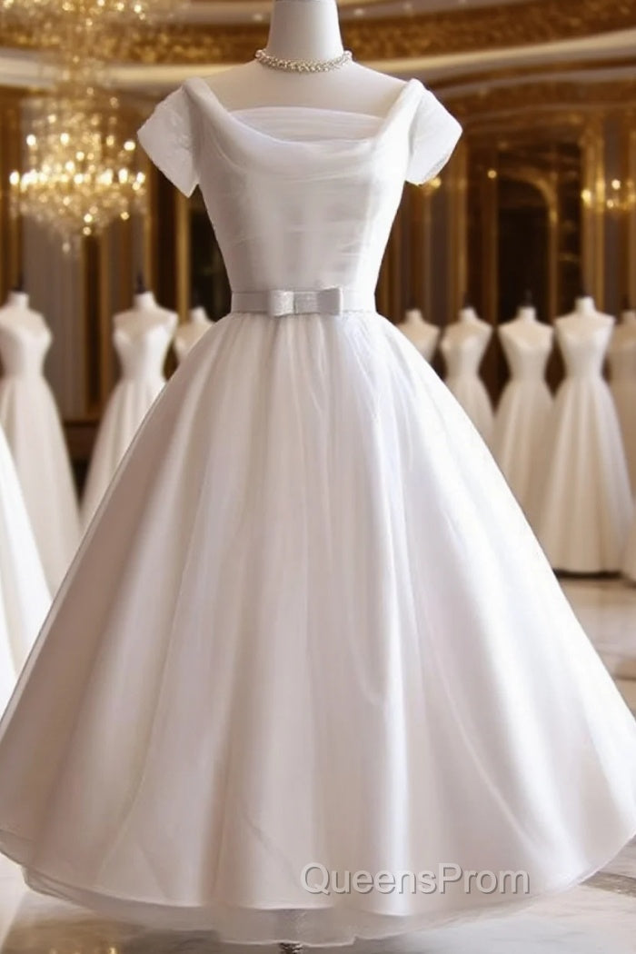 White Round Neck Tulle Retro Short Evening Prom Dress, Bridesmaid Dress Main image