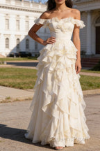 White Ruffled A-Line Square Neck Long Prom Dress