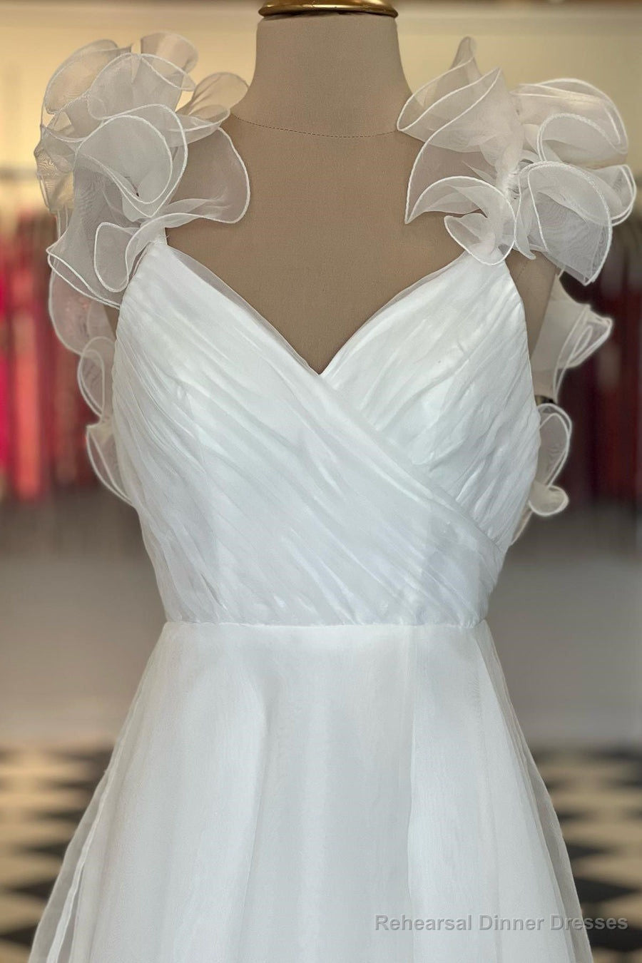 White Ruffled Straps V-Neck Pleated Long Prom Dress Secondary image
