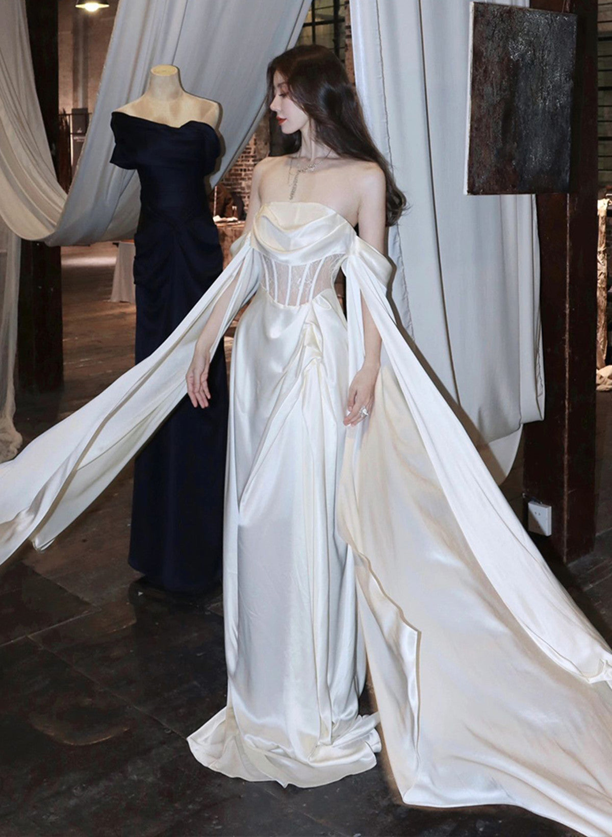 White Satin A-Line Long Scoop Long Classy Evening Dress, White Satin Classy Prom Dress