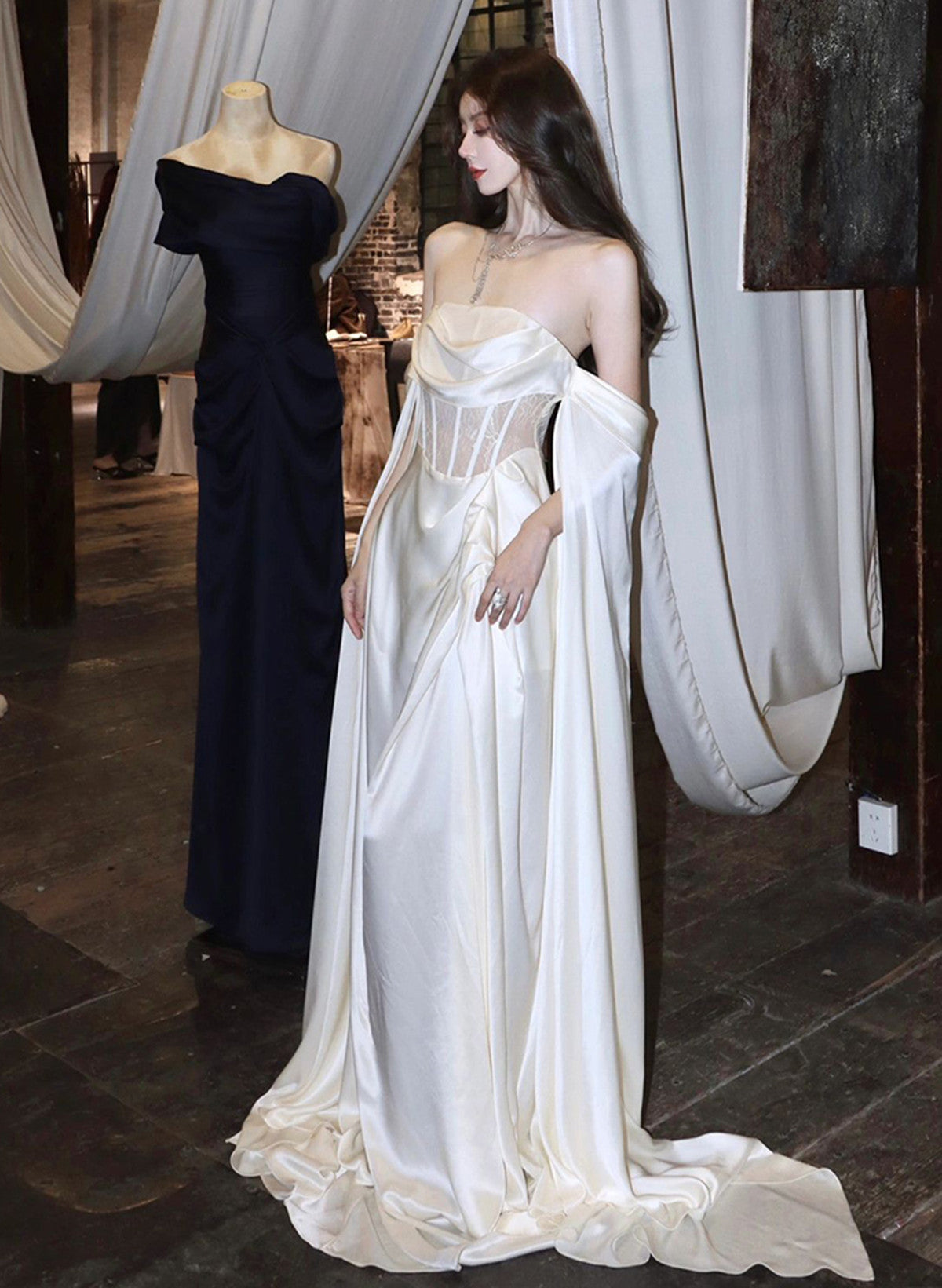 White Satin A-Line Long Scoop Long Classy Evening Dress, White Satin Classy Prom Dress