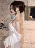 White Satin A-Line Long Scoop Long Classy Evening Dress, White Satin Classy Prom Dress