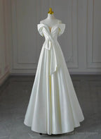 White Satin A-line Off Shoulder Evening Dress, White Satin Long Wedding Party Dress