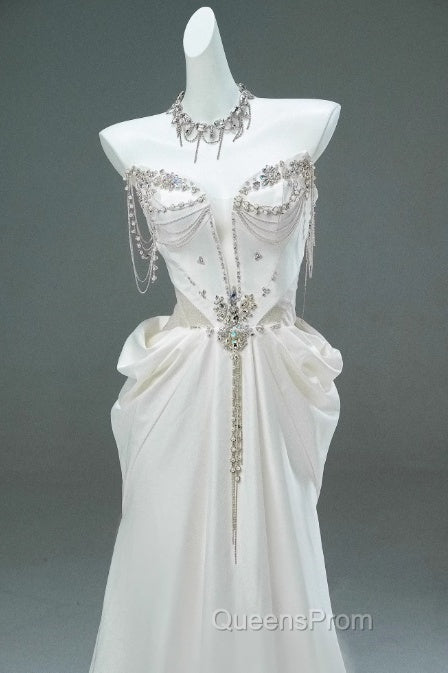 White Satin A-Line Sweetheart Beaded Long Evening Prom Dress, Elegant Adult Ceremony Graduation Evening Prom Dress Secondary image