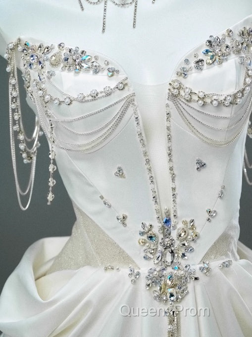 White Satin A-Line Sweetheart Beaded Long Evening Prom Dress, Elegant Adult Ceremony Graduation Evening Prom Dress